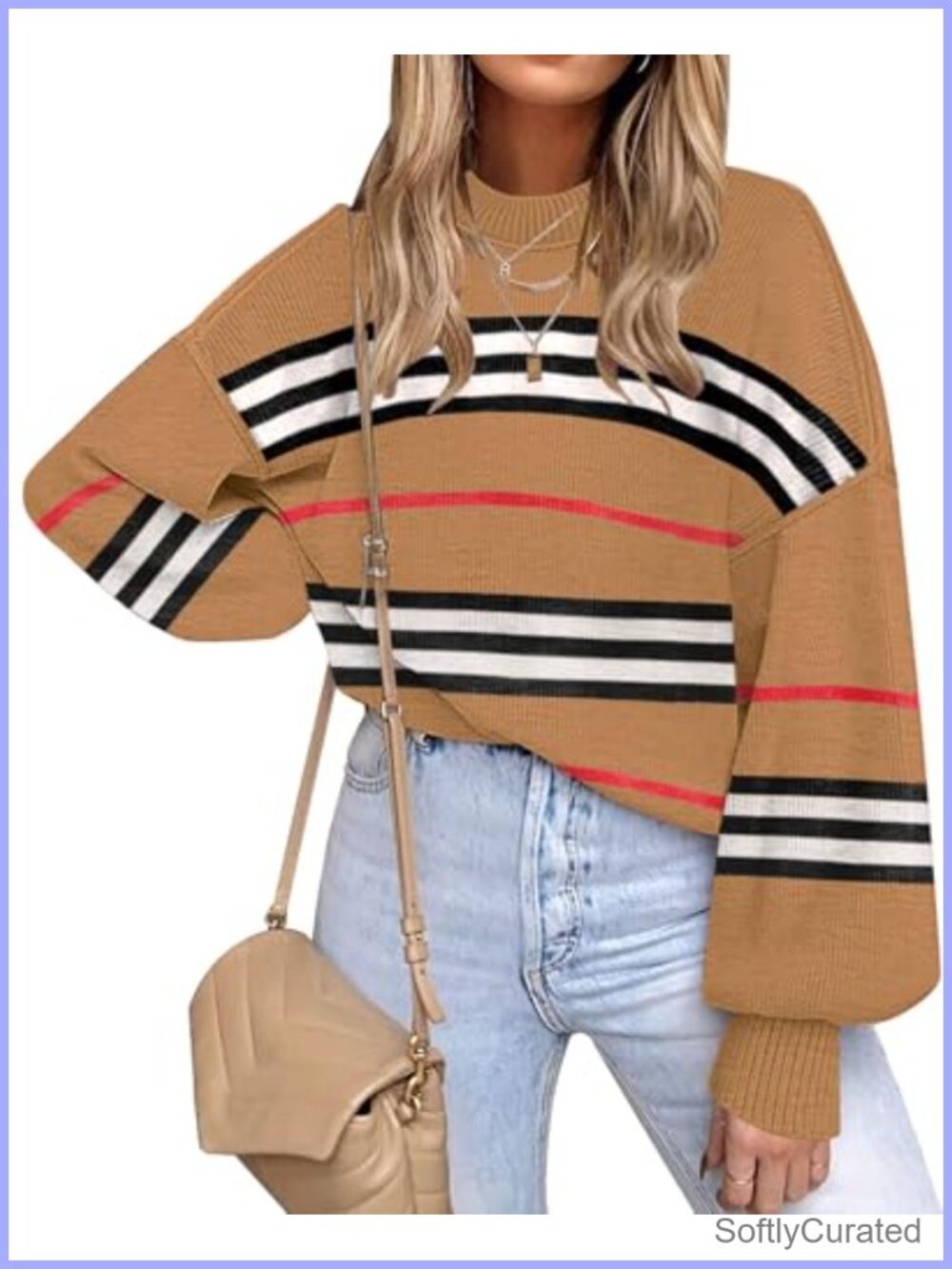 Womens Viscose Nylon Oversized Knit Pullover Sweater Striped Crewneck